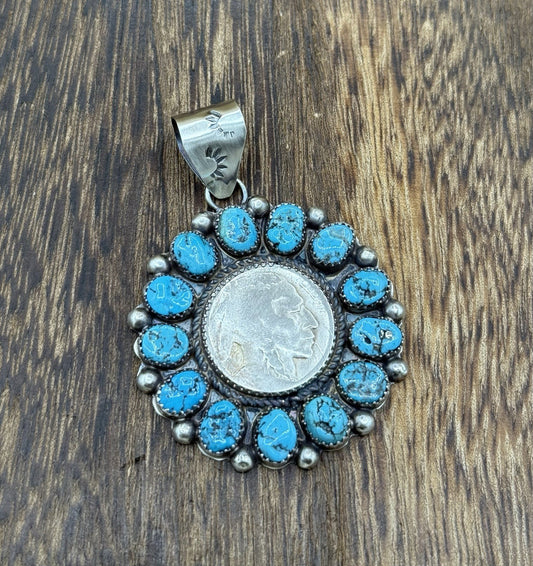 Navajo Handmade Sterling Silver Kingman Turquoise Cluster Buffalo Coin Pendant