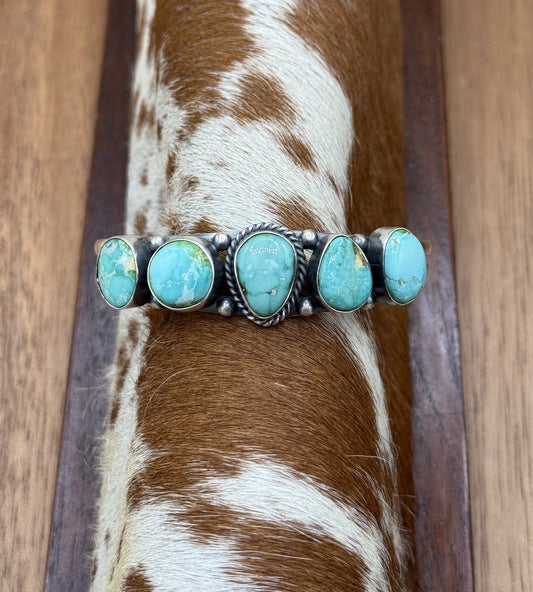 Navajo Handmade Sterling Silver Sonoran Gold Turquoise Cluster Cuff Bracelet