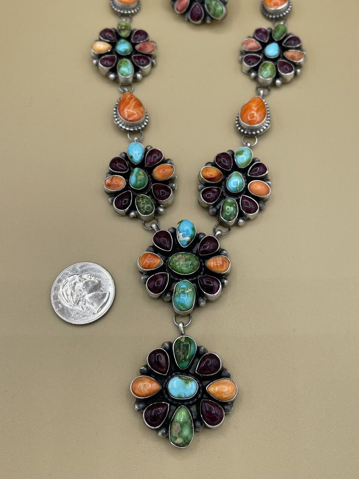 Native American Navajo Handmade Silver Spiny And Turquoise Cluster Necklace 24”