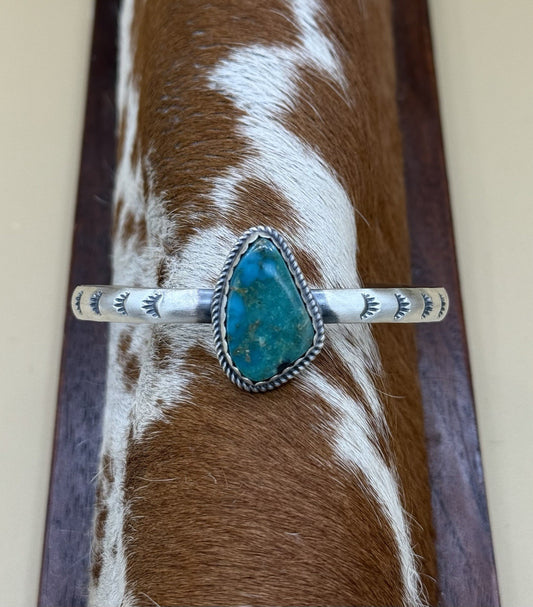Native Navajo Handmade Sterling Silver Kingman Turquoise Stacker Cuff Bracelet