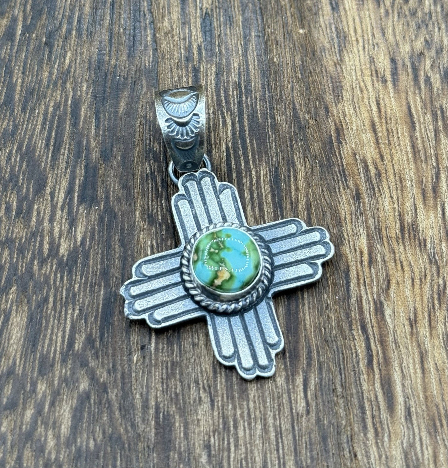 Navajo Handmade Sterling Silver Old Look Sonoran Gold Turquoise Zia Pendant