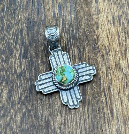 Navajo Handmade Sterling Silver Old Look Sonoran Gold Turquoise Zia Pendant