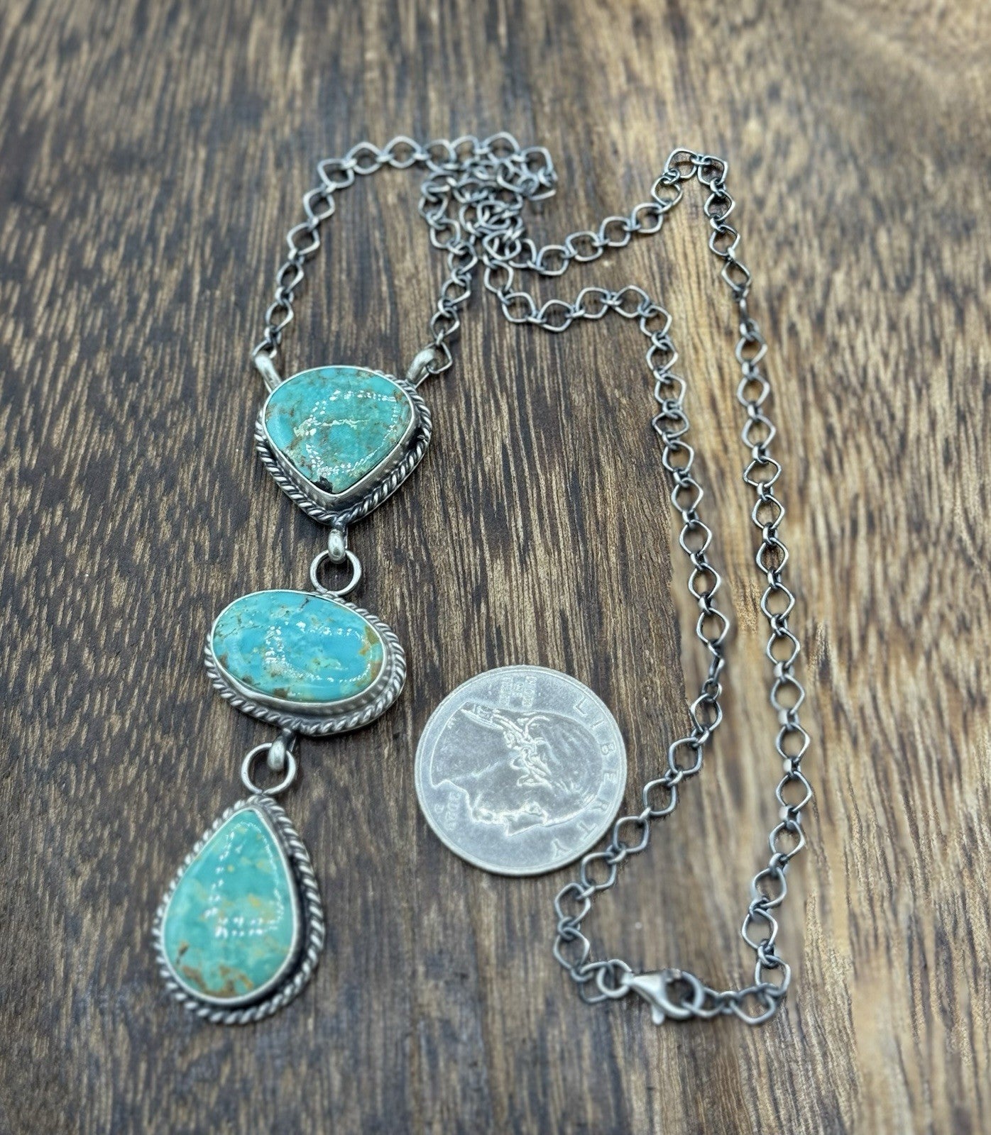 Native Navajo Handmade Sterling Silver Kingman Turquoise Lariat Necklace 18”
