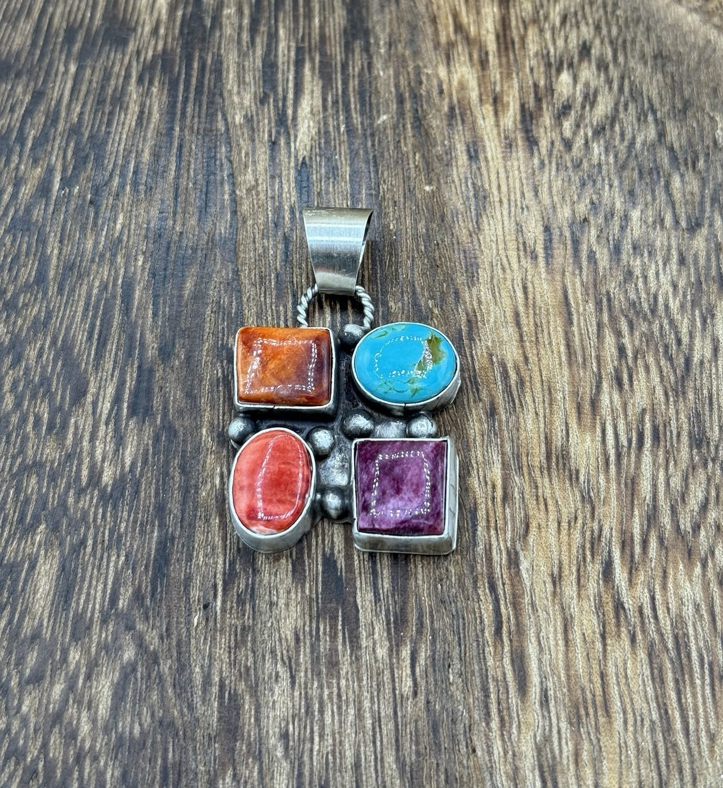 Navajo Handmade Sterling Silver Multi Color Turquoise Spiny Cluster Pendant