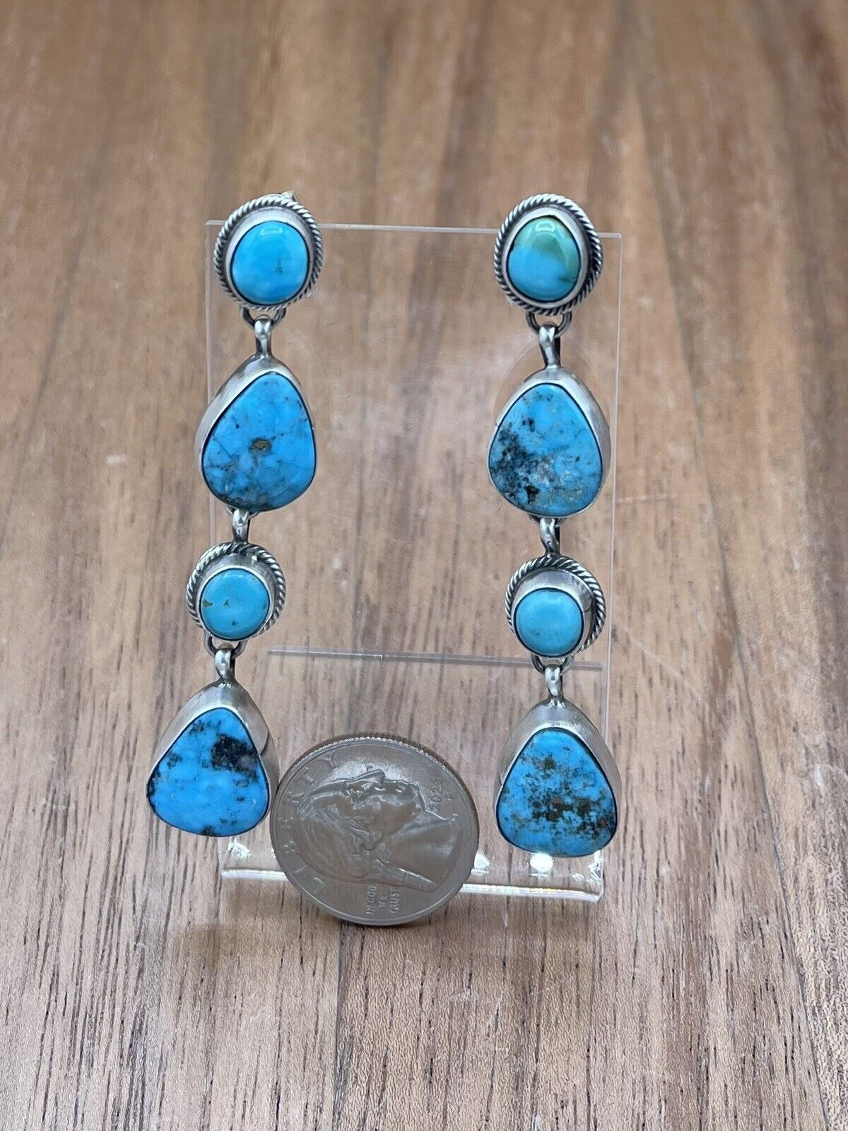 Native American Silver Navajo Handmade Kingman Turquoise Post Dangle Earrings