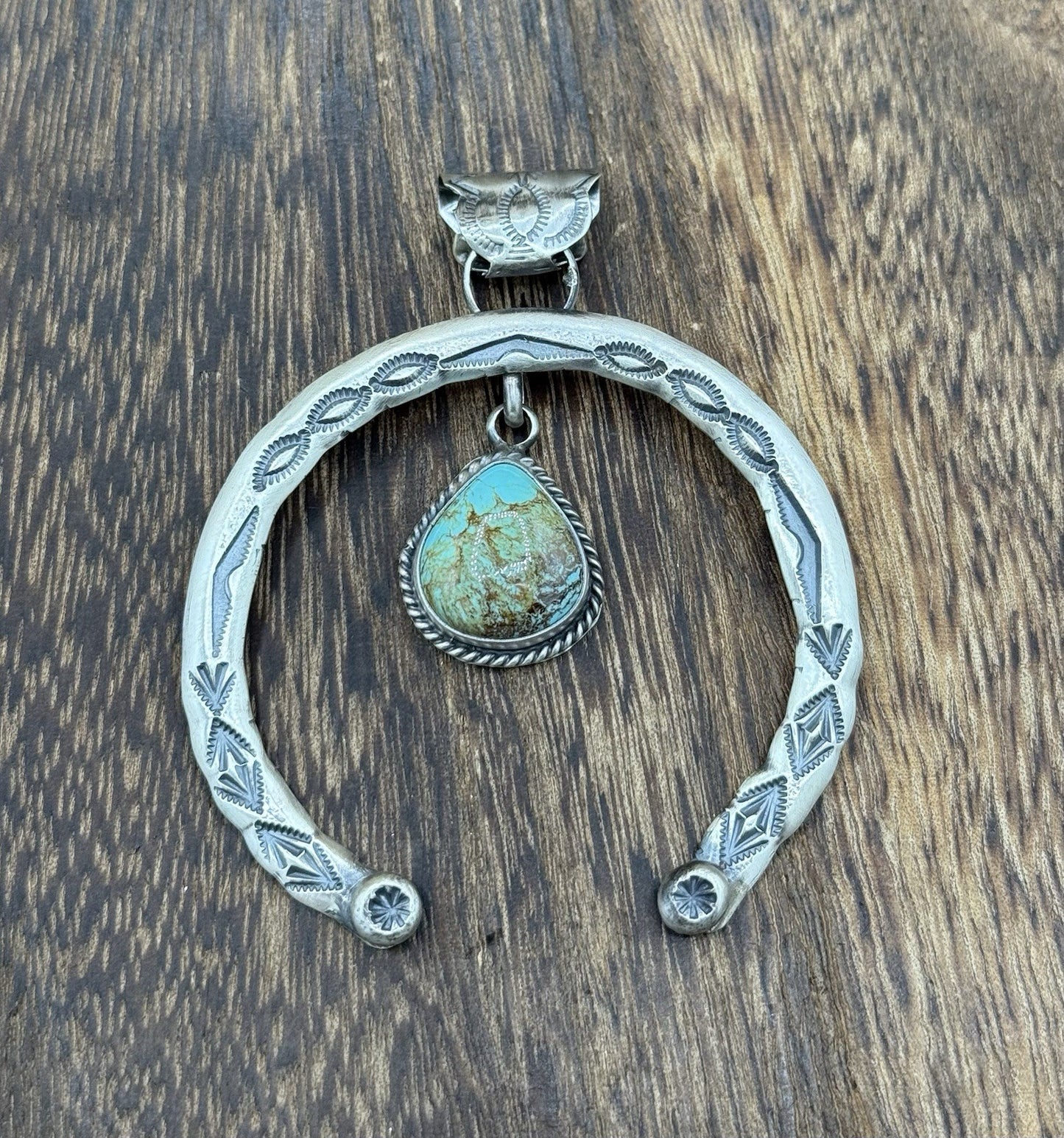 Navajo Handmade Sterling Silver Stamped Blue Glacier Turquoise Naja Pendant