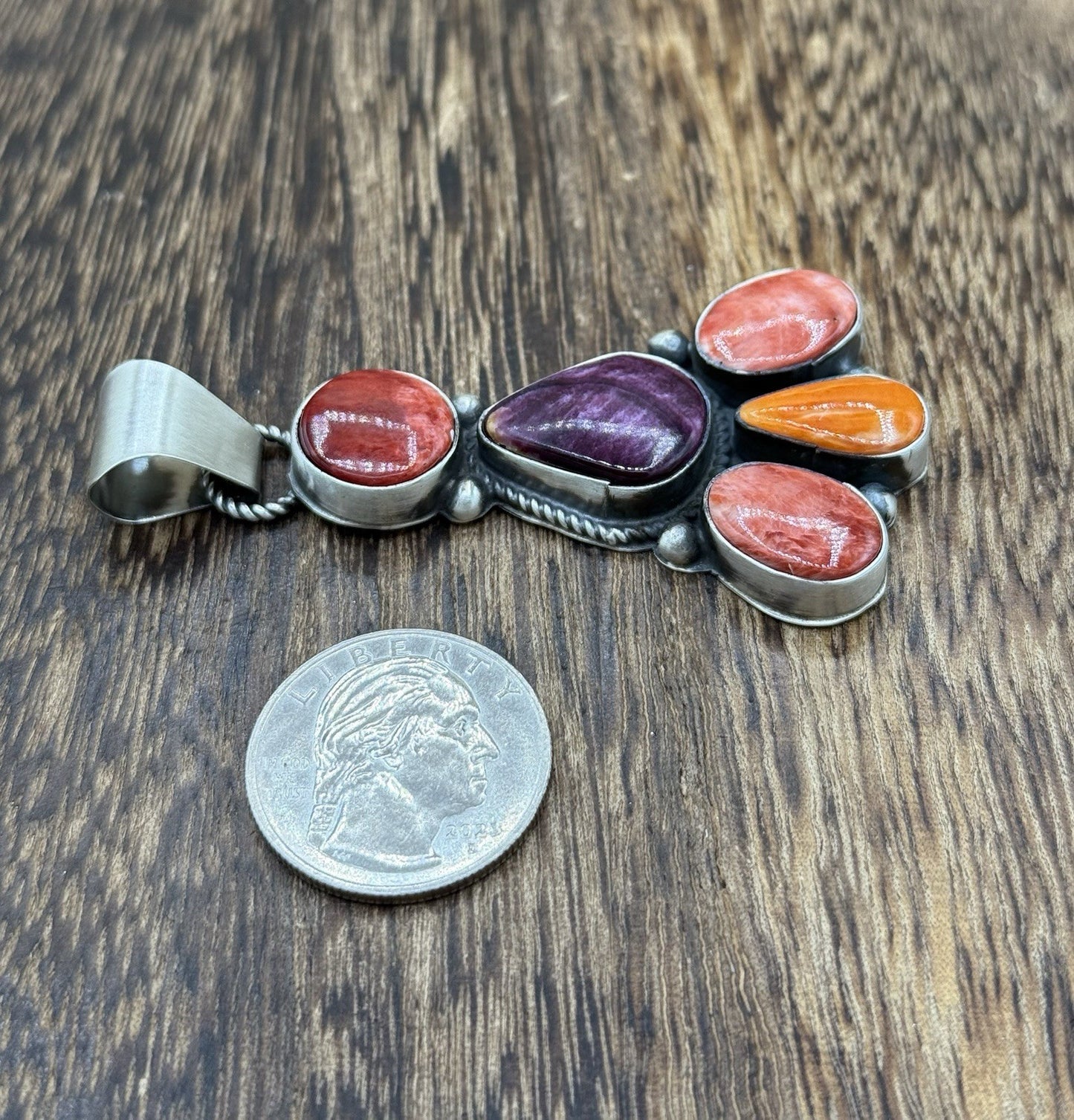 Native Navajo Handmade Sterling Silver Multi Spiny Oyster Shell Cluster Pendant