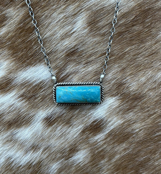 Navajo Handmade Sterling Silver Kingman Turquoise Bar Necklace 16”