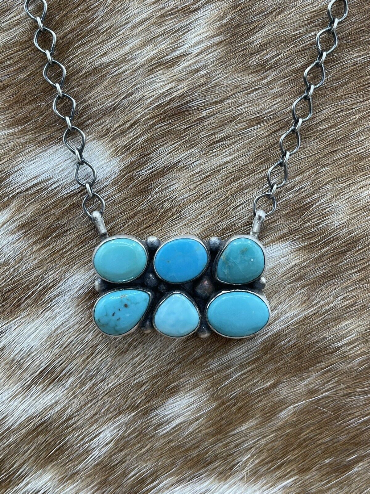 Native American Navajo Handmade Silver Turquoise Cluster Bar Necklace 18