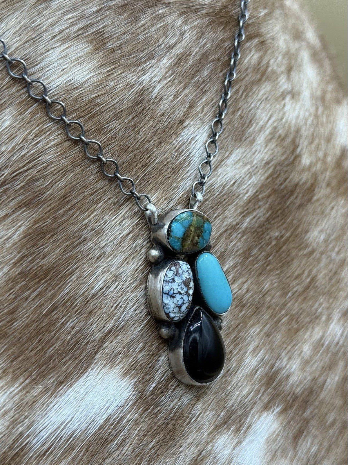 Navajo Handmade Sterling Silver Multicolor Turquoise Cluster Bar Necklace 18”