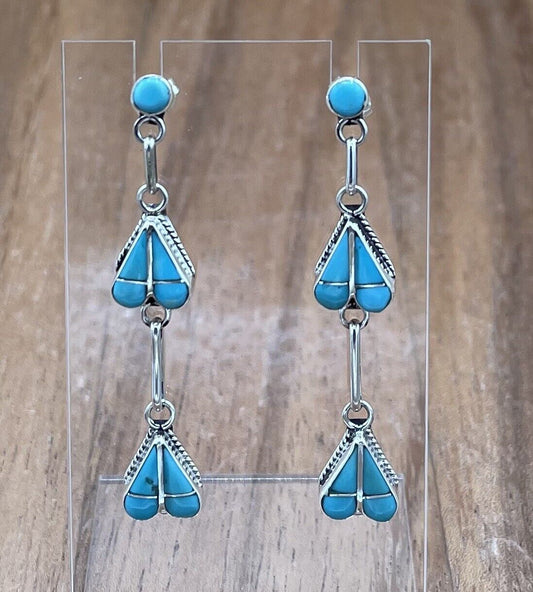 Native American Zuni Handmade Silver Inlay Turquoise Post Dangle Drop Earrings