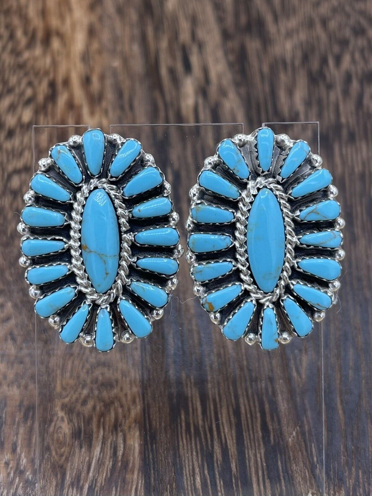 Native American Navajo Handmade Sterling Silver Turquoise Cluster Stud Earrings