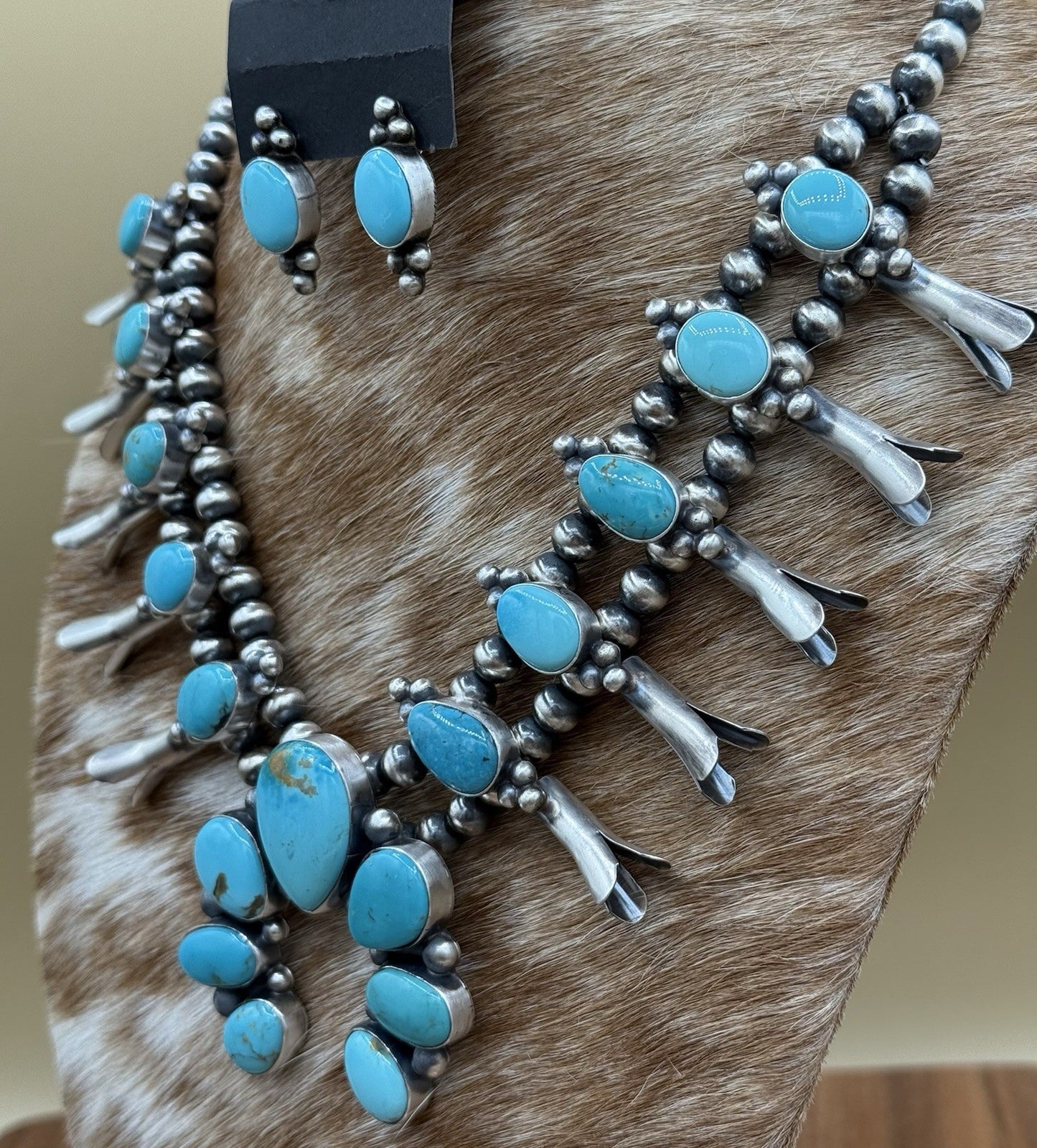 Navajo Handmade Sterling Silver Kingman Turquoise Squash Blossom Necklace 20”