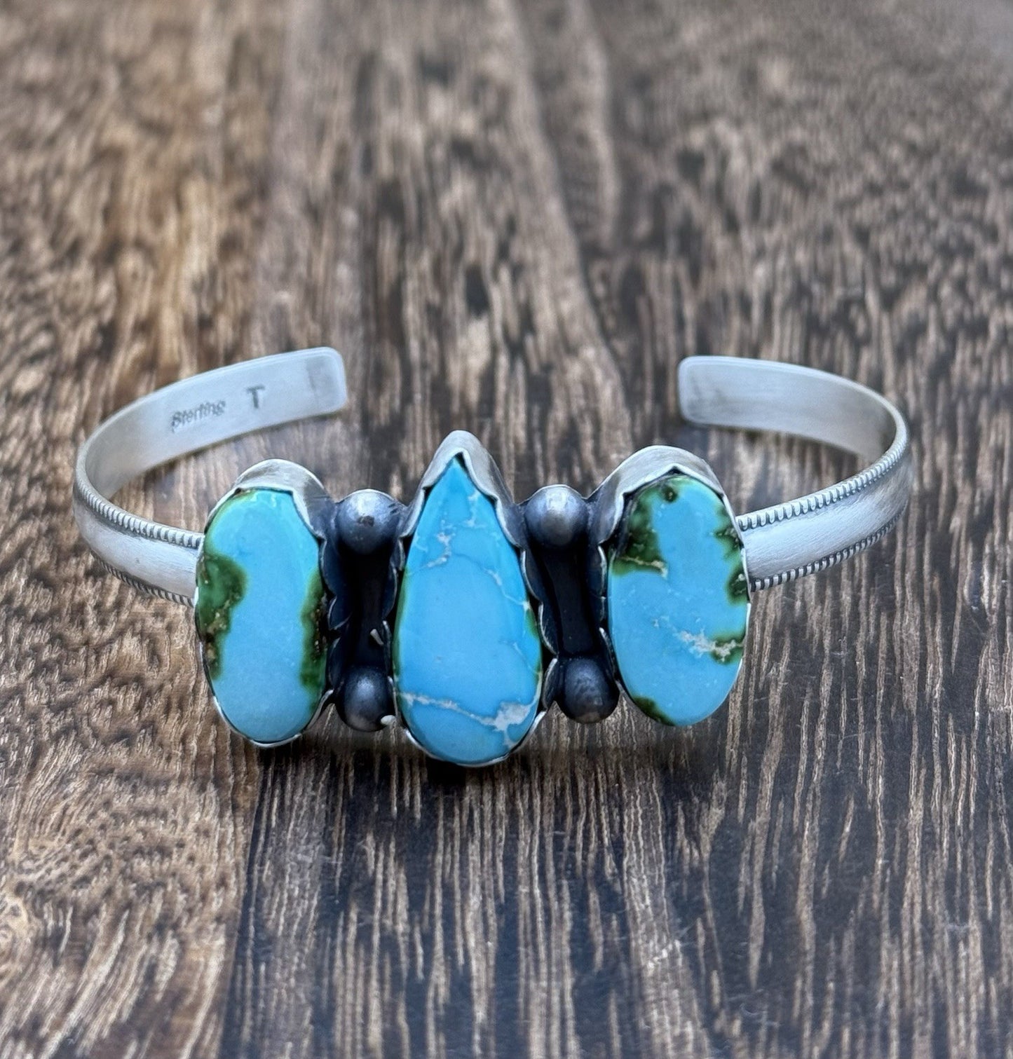 Navajo Handmade Sterling Silver Sonoran Gold Turquoise Stacker Cuff Bracelet