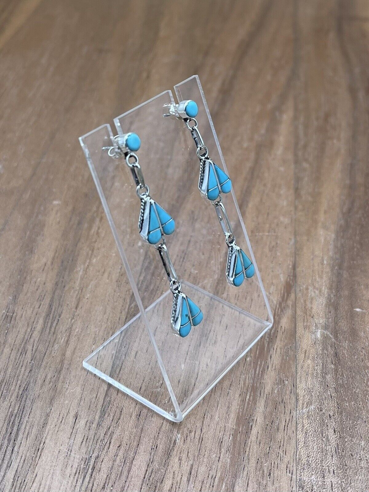 Native American Zuni Handmade Silver Inlay Turquoise Post Dangle Drop Earrings