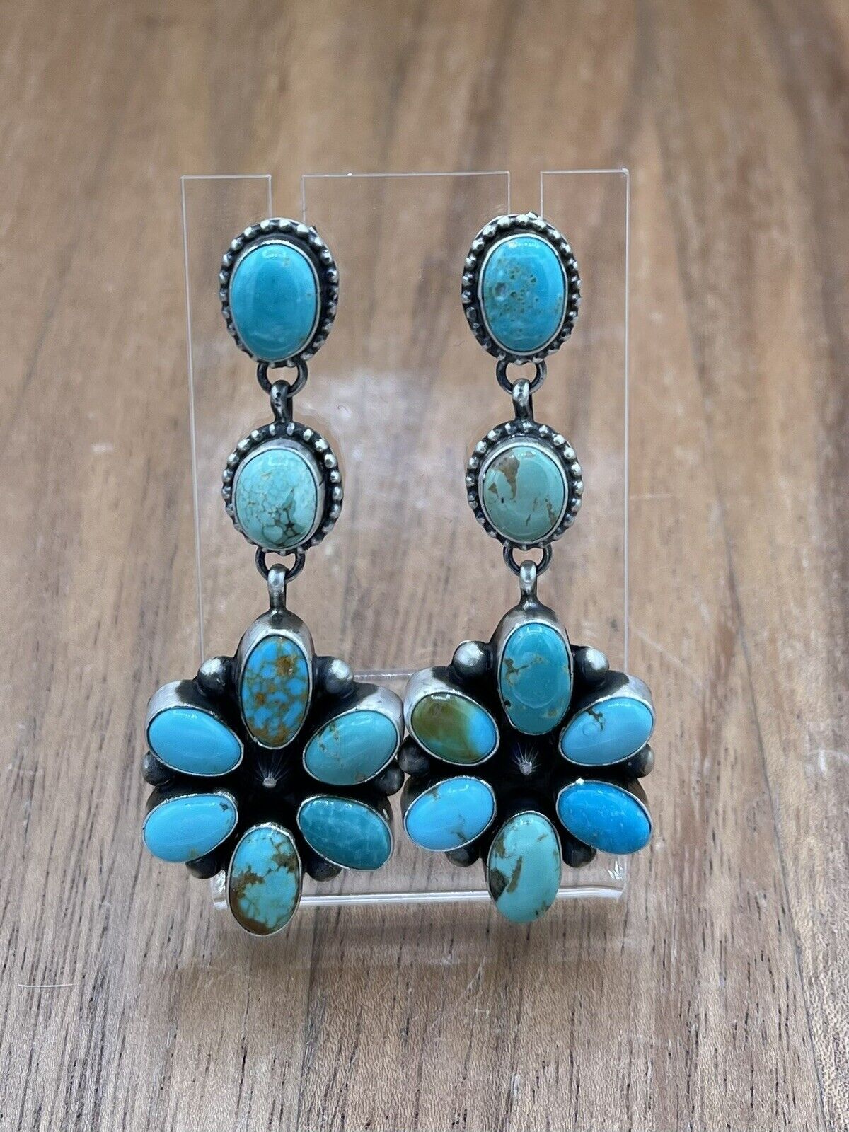 Native American Navajo Handmade Silver Kingman Turquoise Dangle Cluster Earrings