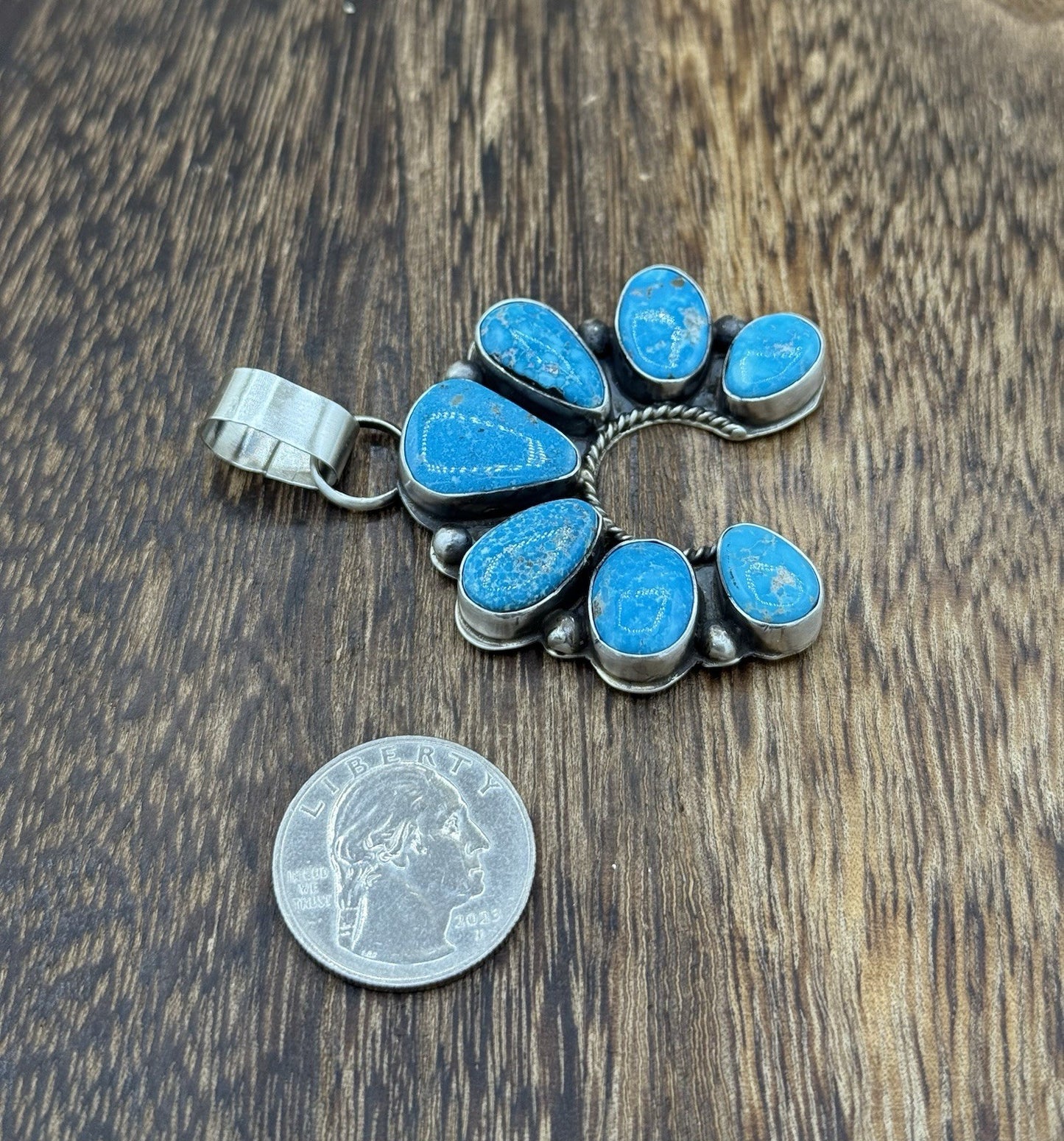 Native Navajo Handmade Sterling Silver Blue Ridge Turquoise Cluster Naja Pendant