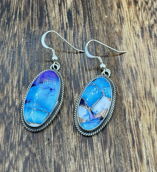 Navajo Handmade Sterling Silver Violet Rose & Blue Dahlia Dangle Drop Earrings