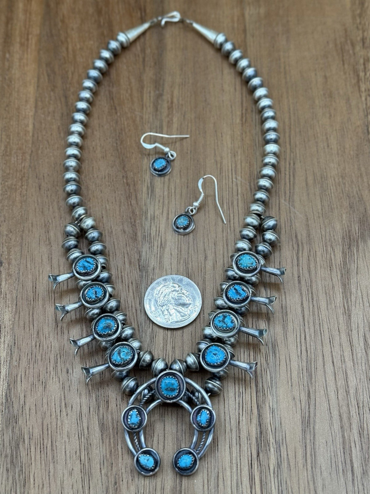 Navajo Handmade Sterling Silver Turquoise Shadowbox Squash Blossom Necklace 17”
