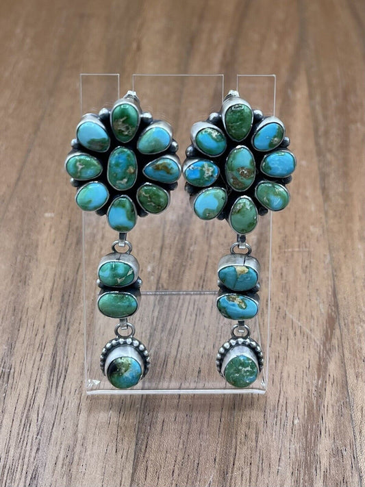 Native American Navajo Handmade Silver Sonoran Gold Turquoise Cluster Earrings