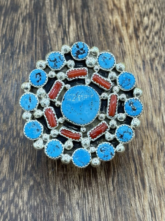 Navajo Handmade Sterling Silver Sleeping Beauty Turquoise & Coral Adjustable 6-9