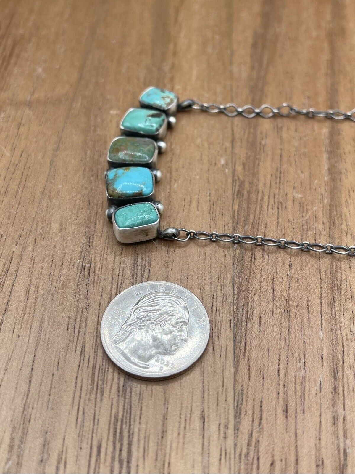 Native American Navajo Handmade Sterling Silver Mixed Turquoise Bar Necklace 18”