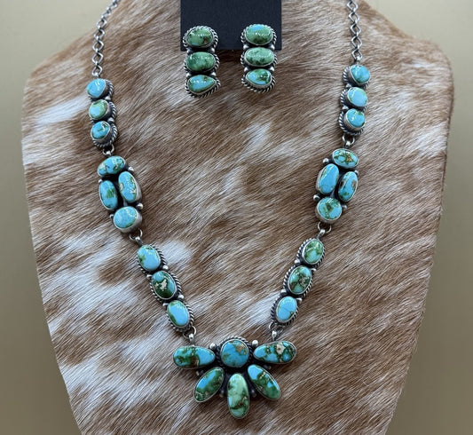 Navajo Handmade Sterling Silver Sonoran Gold Turquoise Cluster Necklace Set 20”