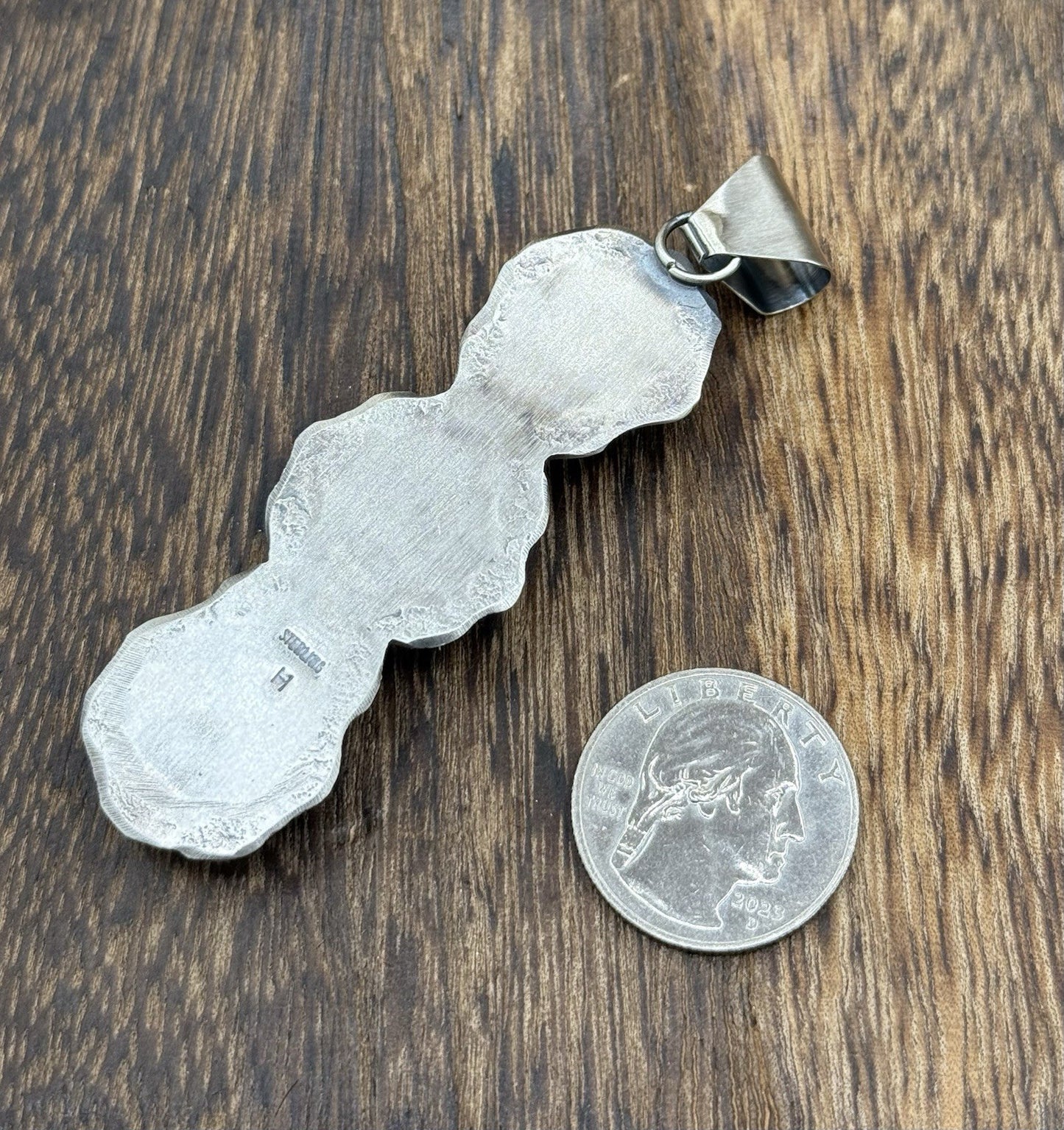 Navajo Handmade Sterling Silver Sonoran Gold Turquoise Stamped Drop Pendant