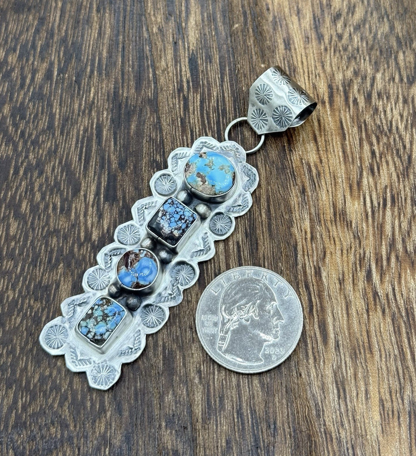 Navajo Handmade Sterling Silver Golden Hills Turquoise Stamped Drop Pendant