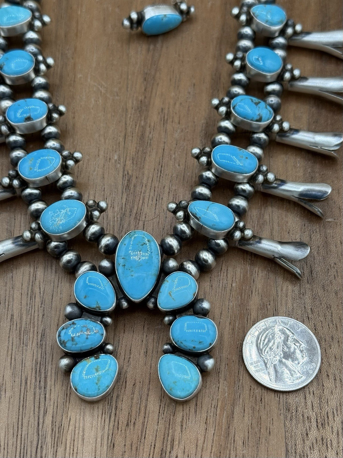 Navajo Handmade Sterling Silver Kingman Turquoise Squash Blossom Necklace 20”