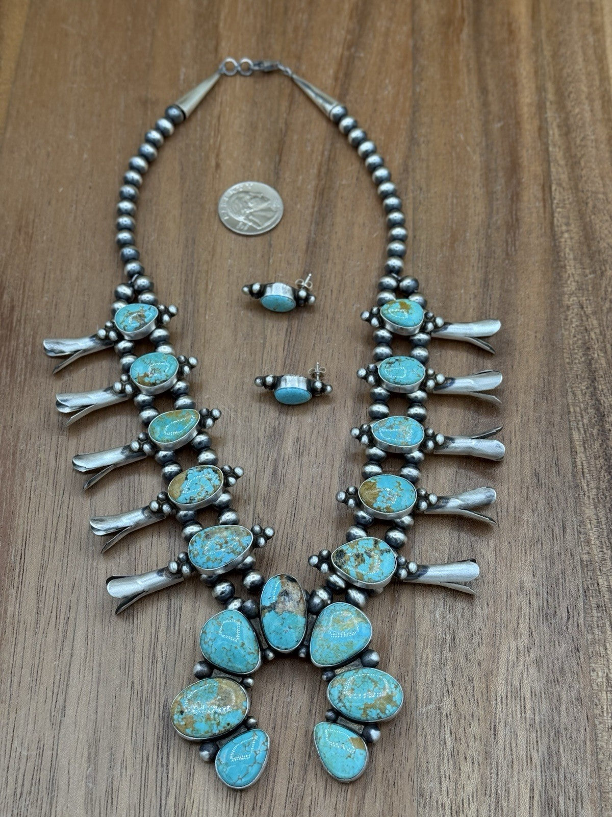 Navajo Handmade Sterling Silver Kingman Turquoise Squash Blossom Necklace 20”