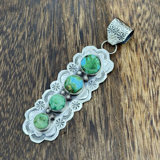 Navajo Handmade Sterling Silver Sonoran Gold Turquoise Stamped Drop Pendant