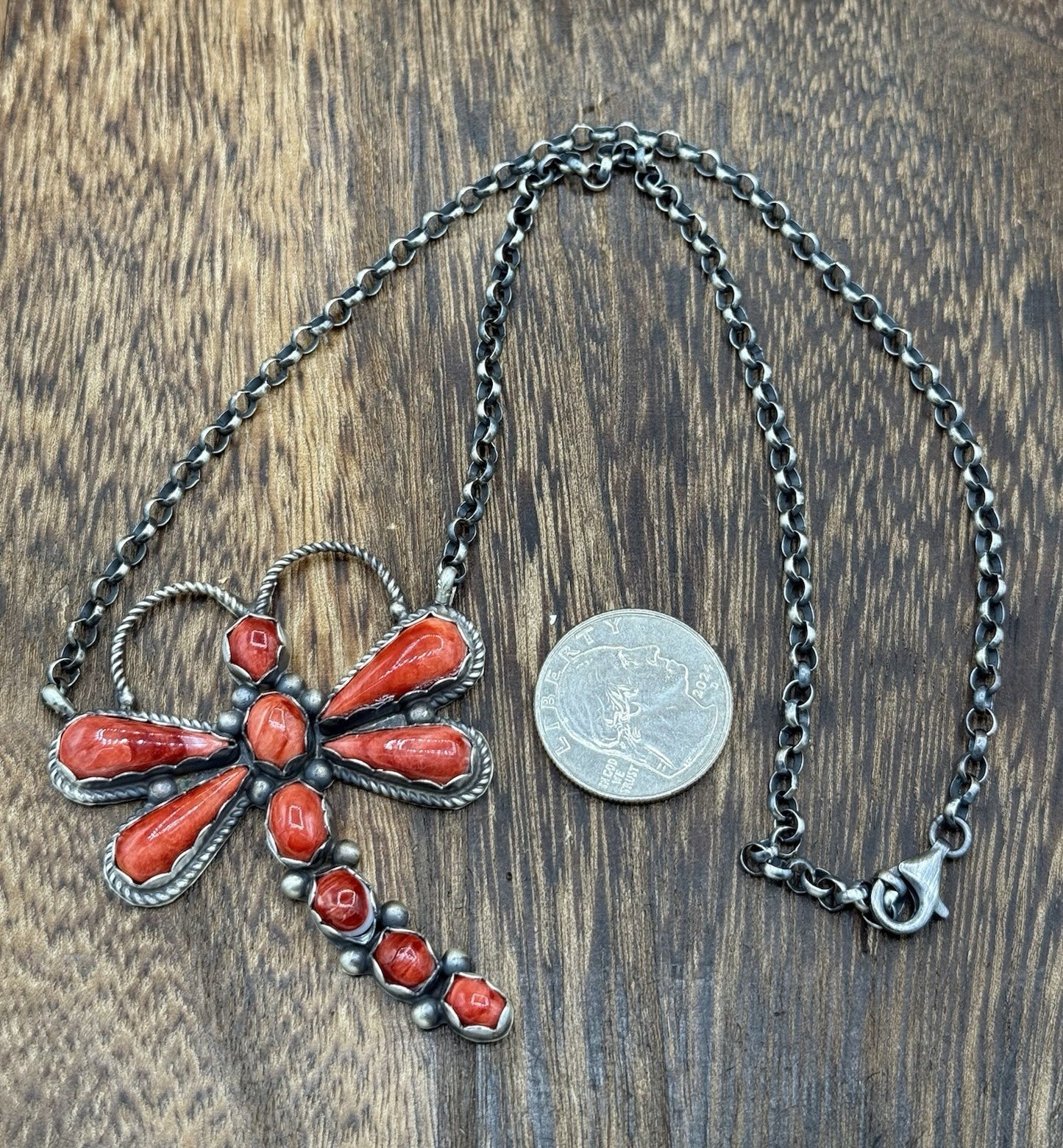 Navajo Handmade Sterling Silver Red Spiny Oyster Dragonfly Bar Necklace 18”