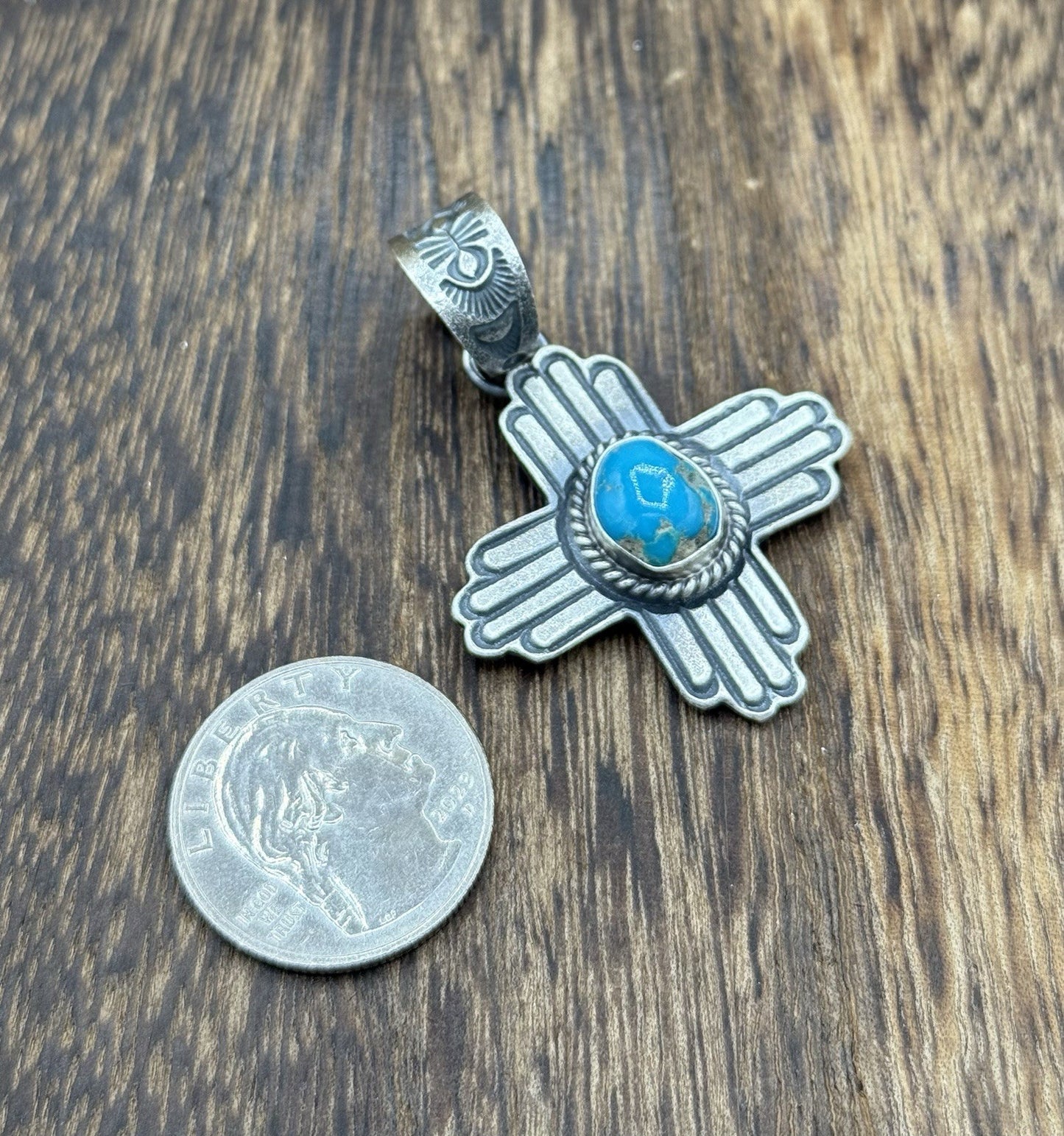 Navajo Handmade Sterling Silver Old Look Kingman Turquoise Zia Pendant Kevin B.