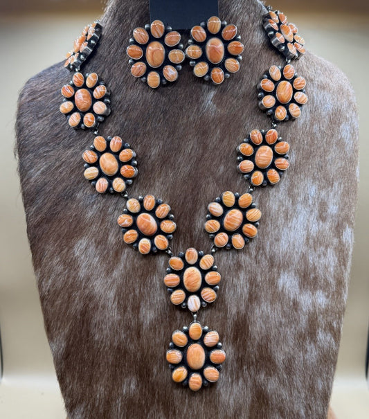 Navajo Handmade Silver Orange Spiny Oyster Cluster Lariat Dangle Necklace 24”