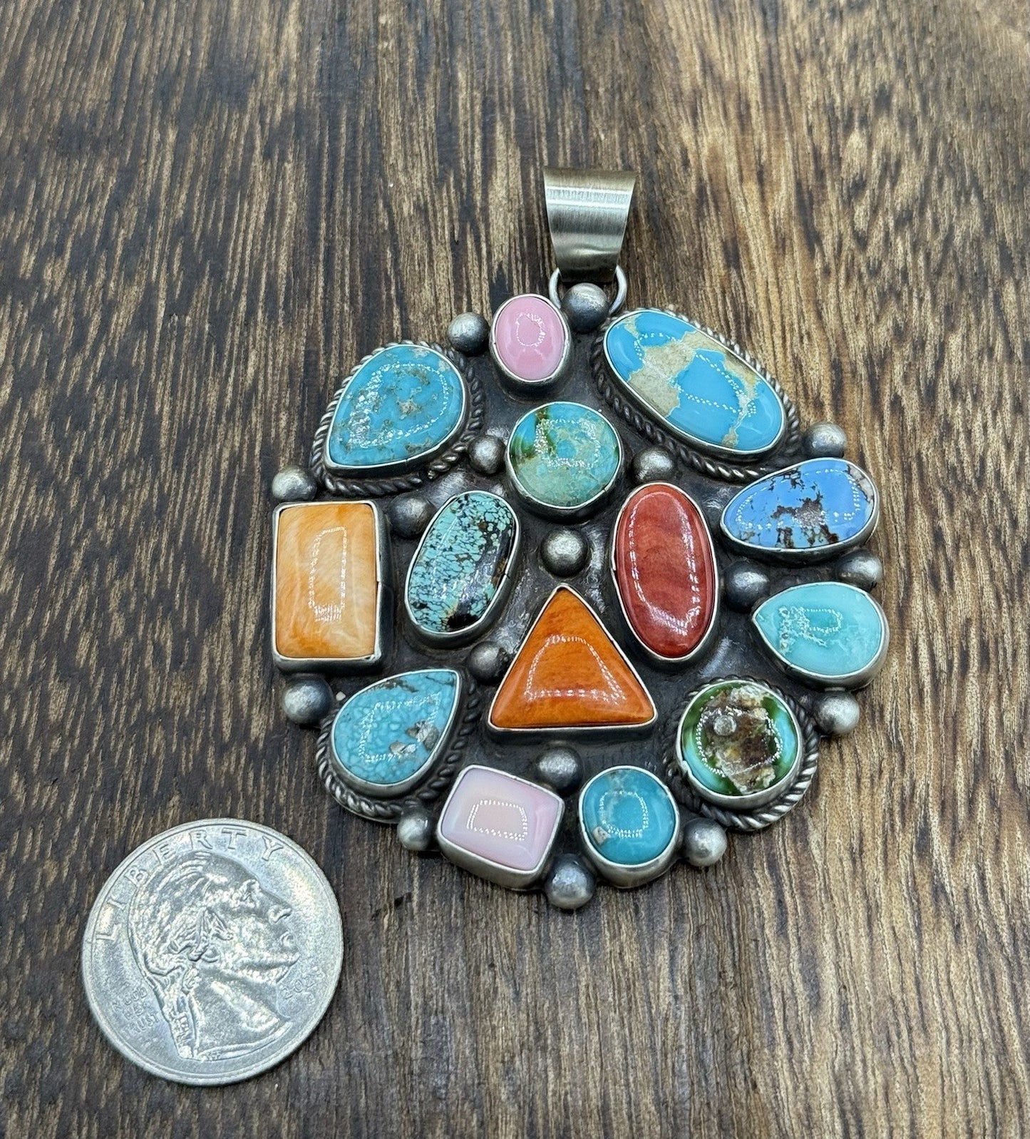Navajo Handmade Sterling Silver Mixed Turquoise Spiny Large Cluster Pendant