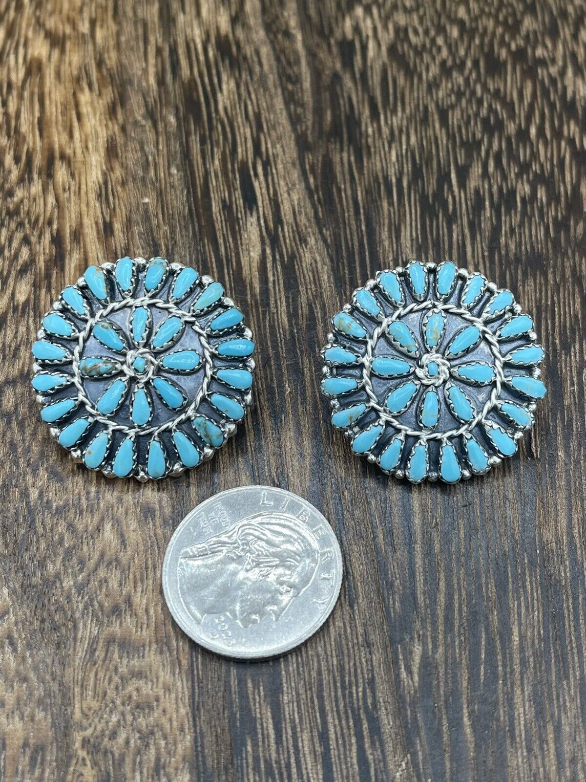 Native American Navajo Handmade Sterling Silver Turquoise Cluster Post earrings