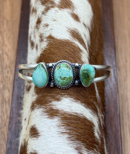 Navajo Handmade Sterling Silver Sonoran Gold Turquoise Cluster Cuff Bracelet