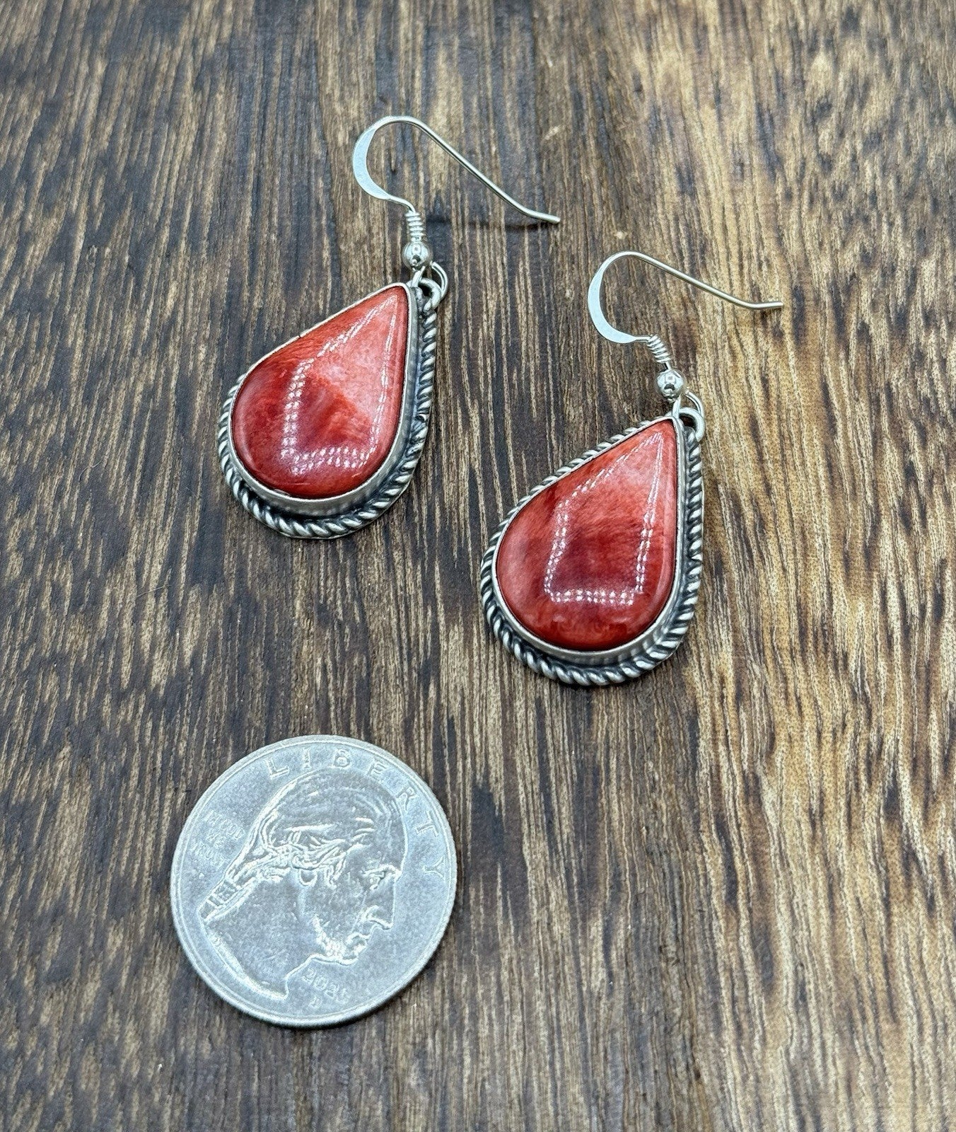 Native Navajo Handmade Sterling Silver Red Spiny Oyster Shell Dangle Earrings