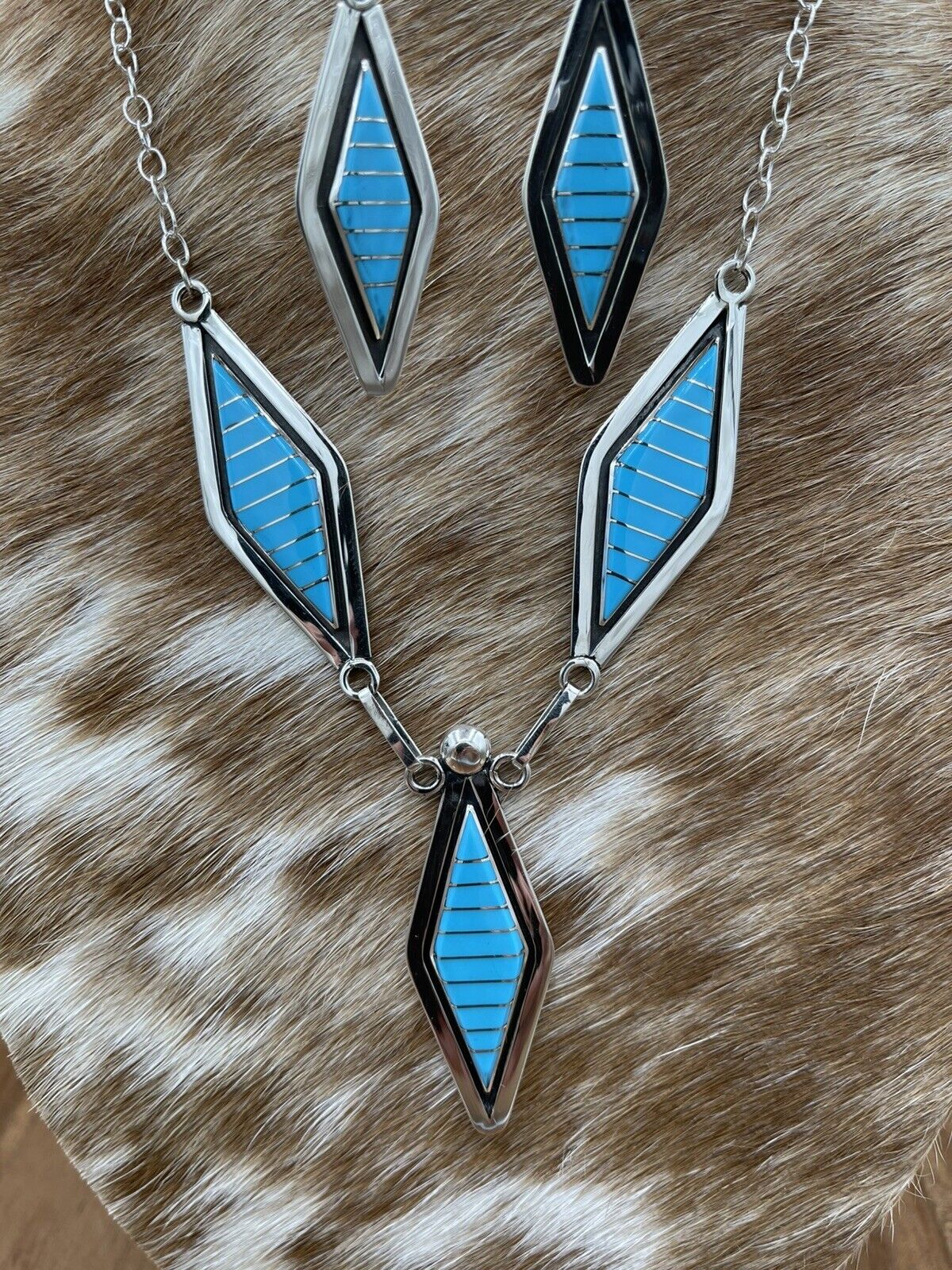 Native American Zuni handmade Sterling Silver Turquoise Inlay  Necklace Set 18”