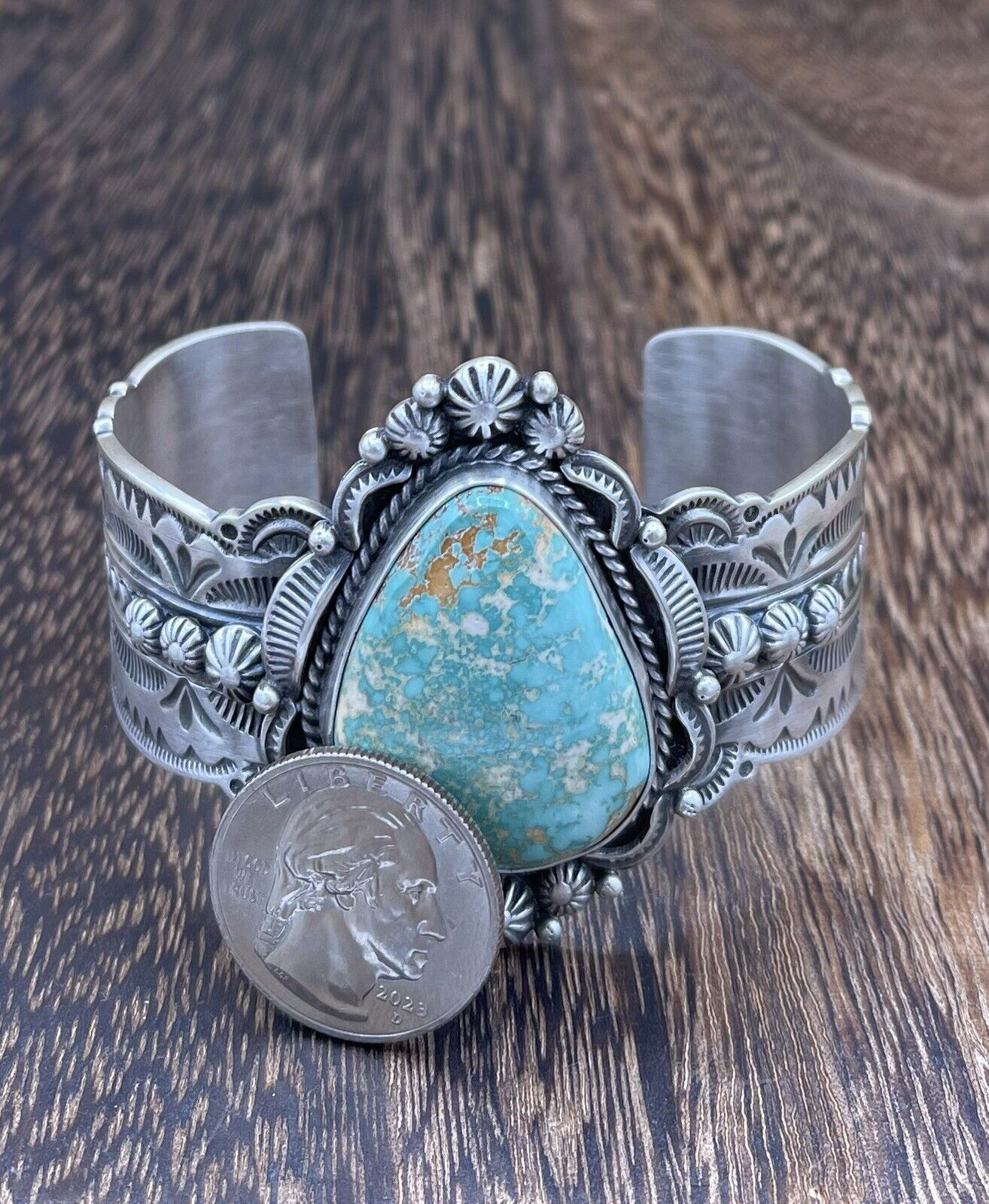 Native American Navajo Handmade Silver Royston Turquoise Cuff Bracelet Bennie R.