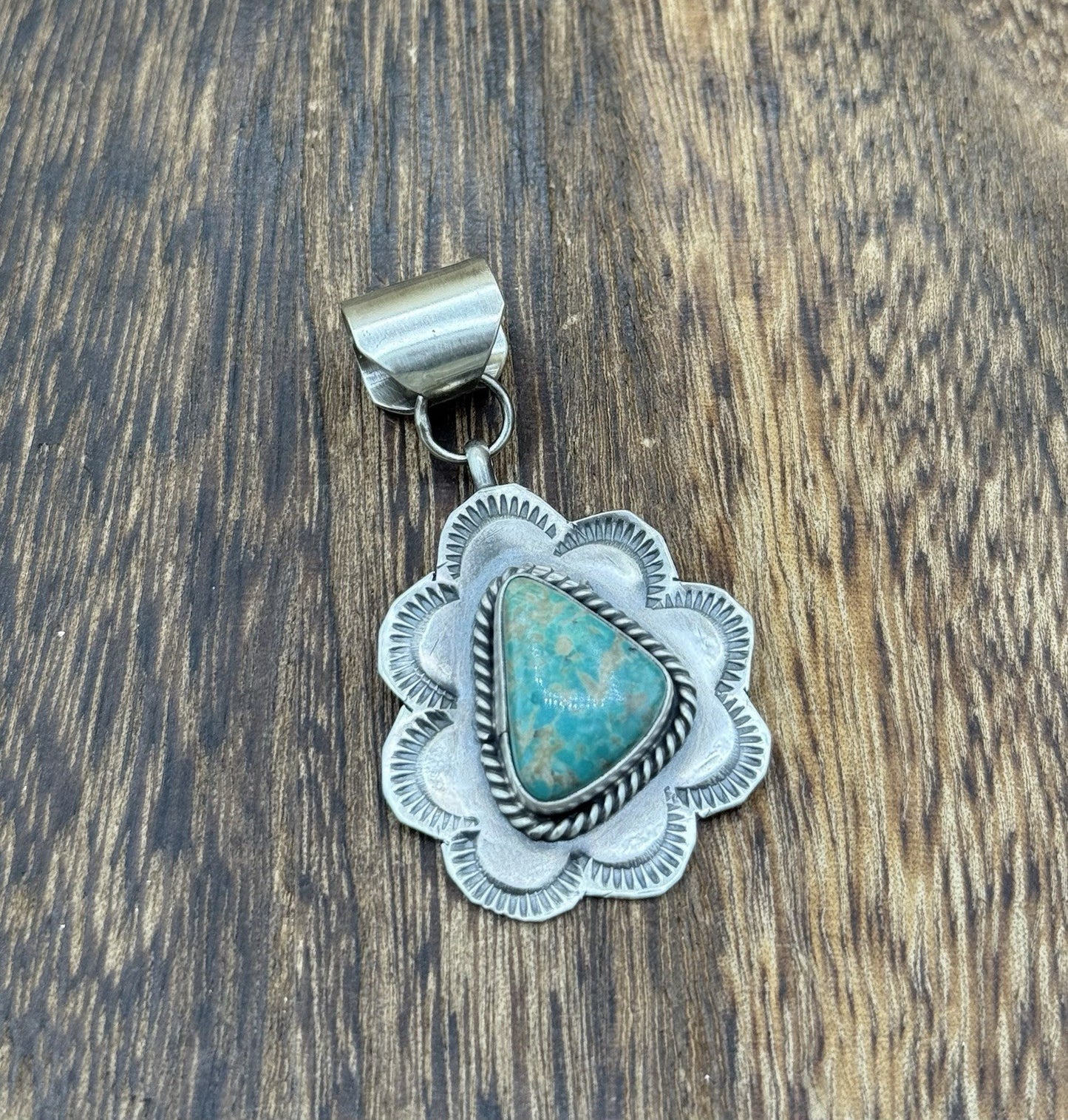 Navajo Handmade Sterling Silver Royston Turquoise Stamped Design Drop Pendant