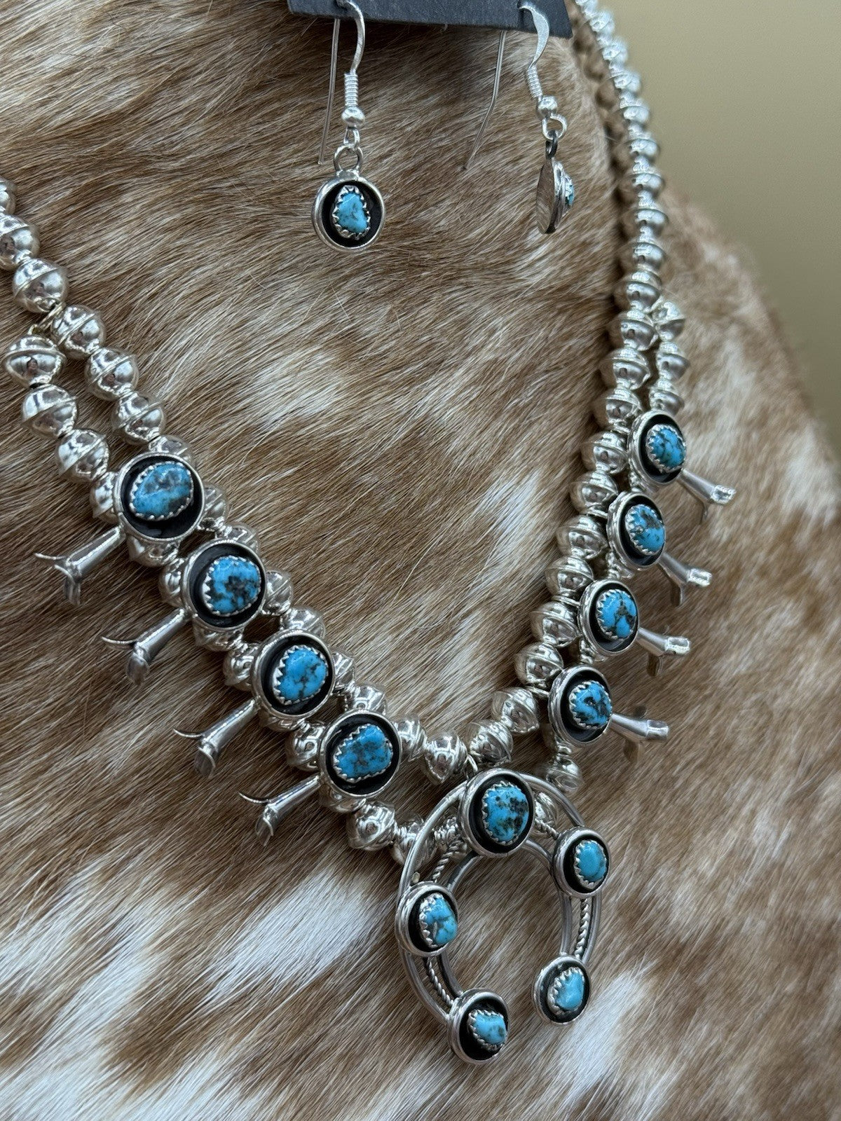 Navajo Handmade Sterling Silver Turquoise Shadowbox Squash Blossom Necklace 17”