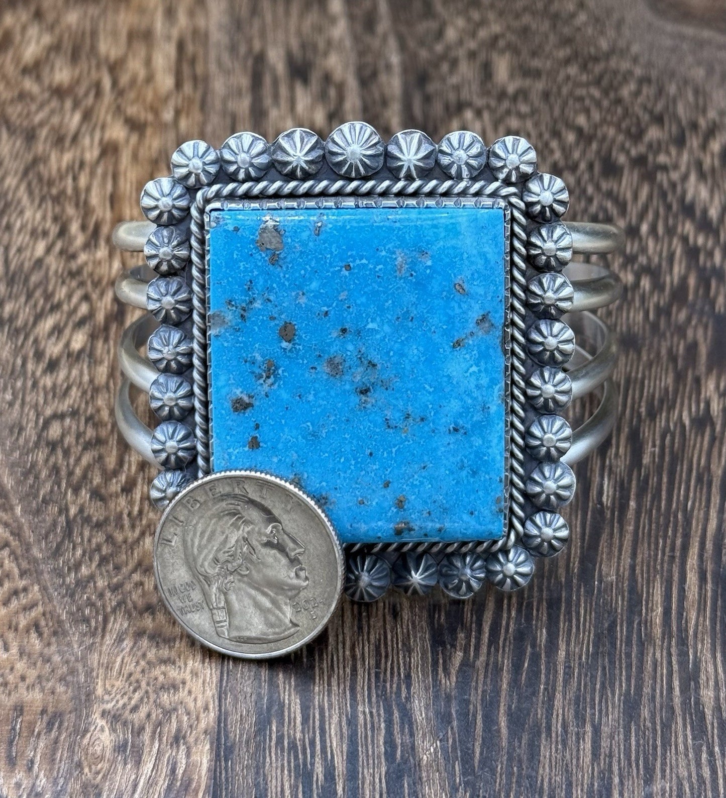 Native Navajo Handmade Sterling Silver Morenci Turquoise Old Look Cuff Bracelet