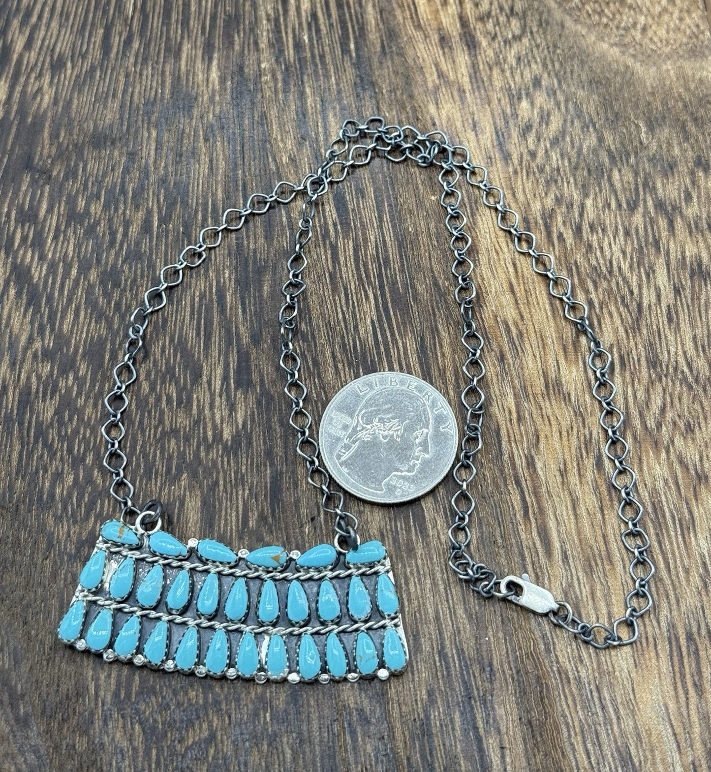 Native Navajo Handmade Sterling Silver Turquoise Cluster Bar Necklace 18”