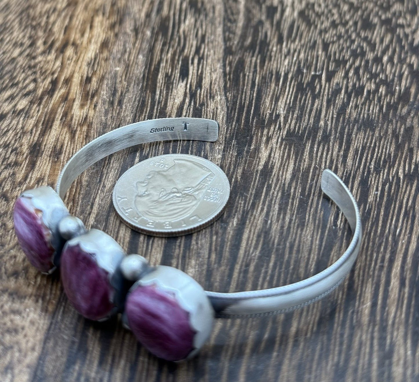Navajo Handmade Sterling Silver Purple Spiny Oyster Shell Stacker Cuff Bracelet