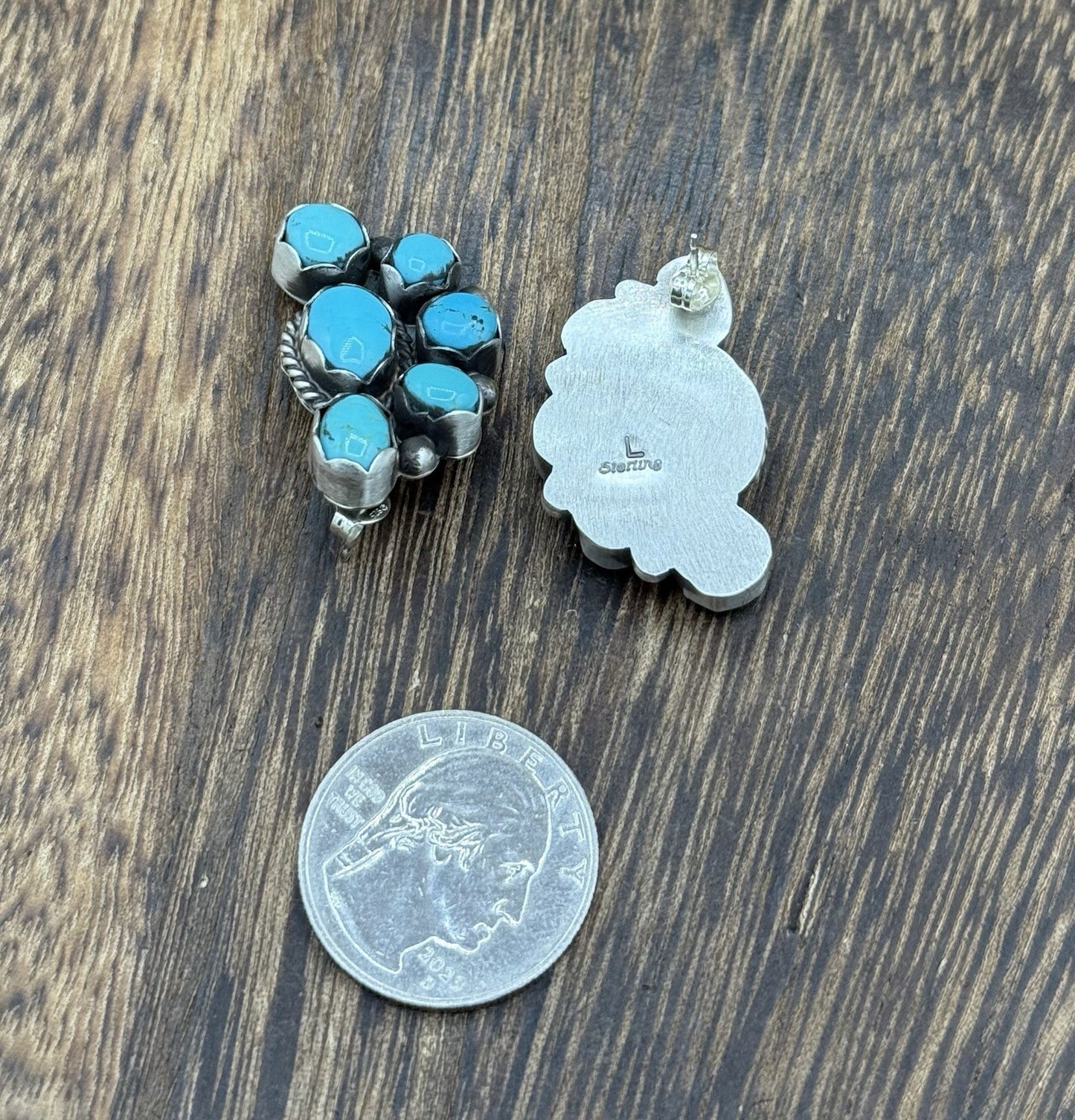 Navajo Handmade Sterling Silver Kingman Turquoise Half Cluster Post Earrings