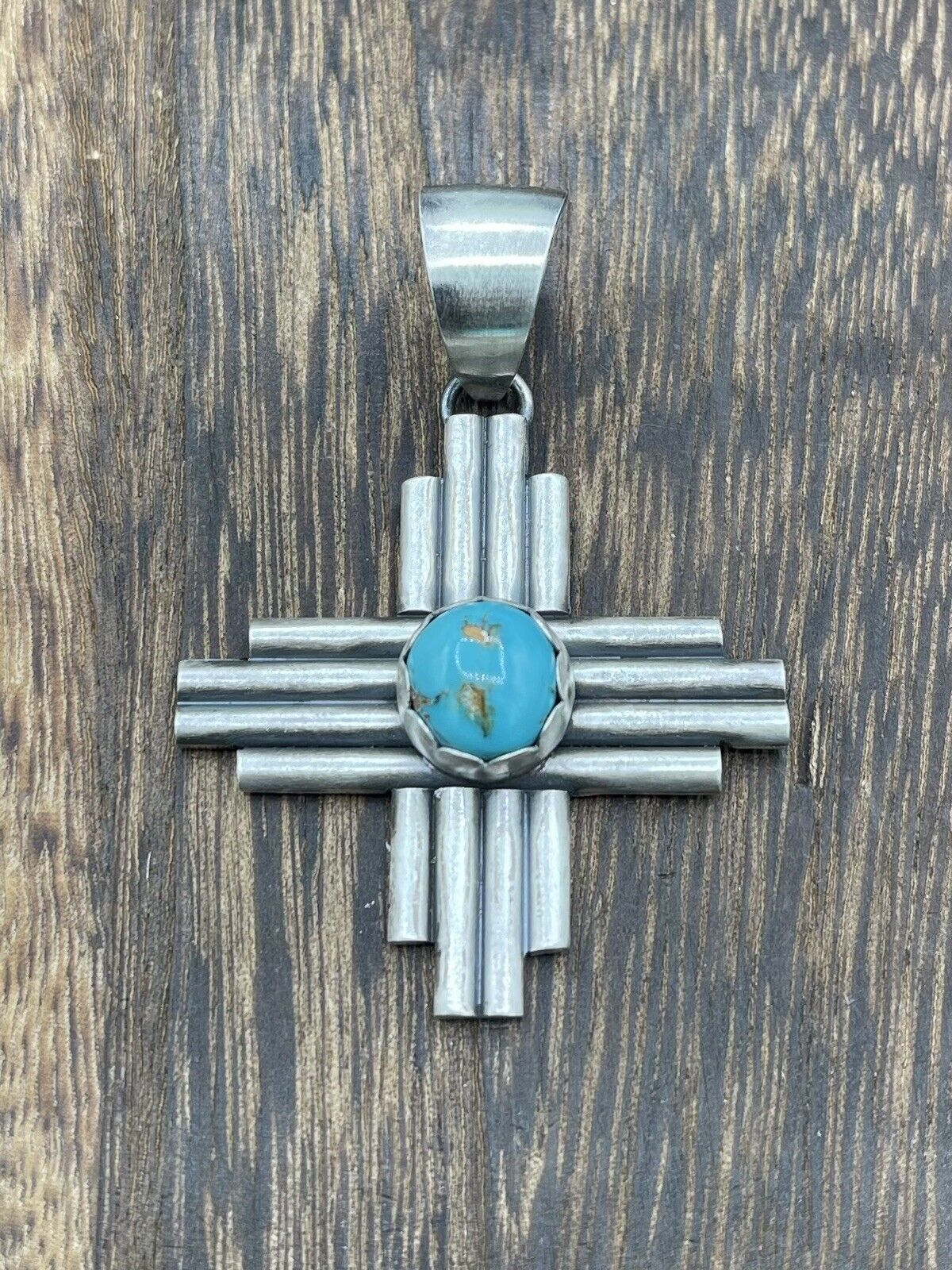 Native American Sterling Silver Navajo Handmade Kingman Turquoise Zia Pendant