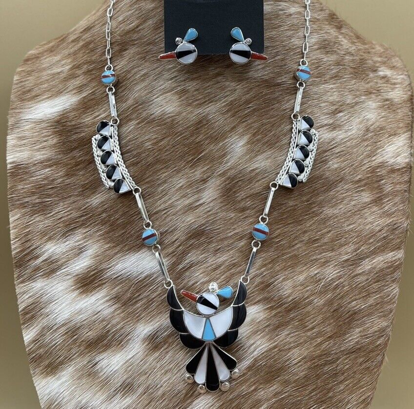 Native American Zuni handmade Silver Multi-stone Inlay Thunderbird Necklace 22”