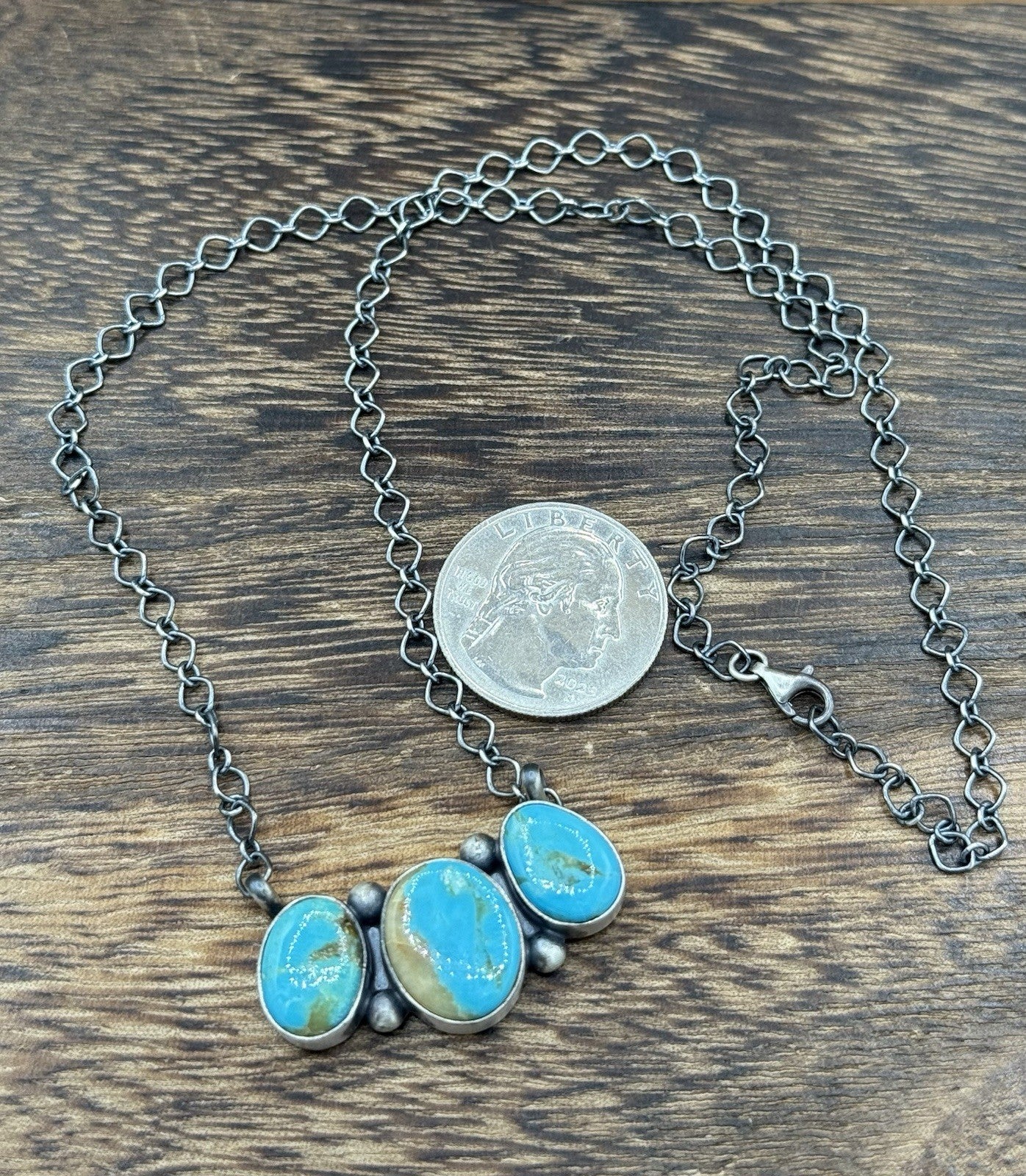 Navajo Handmade Sterling Silver Kingman Turquoise Cluster Bar Necklace 18”